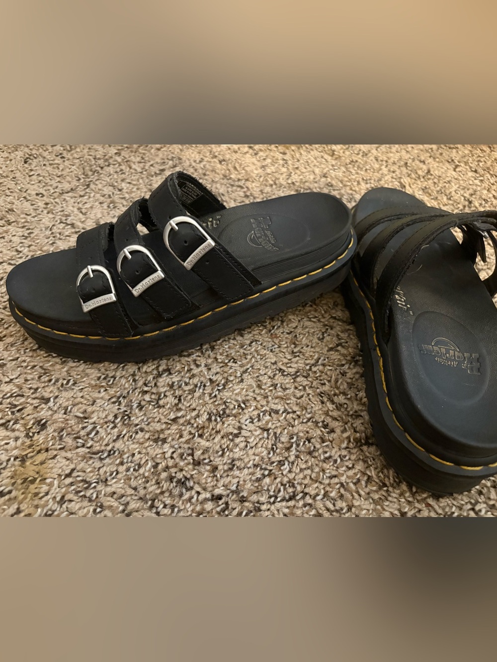 Dr. Martens Black Triple-Buckle Platform Slide with Yellow Stitching